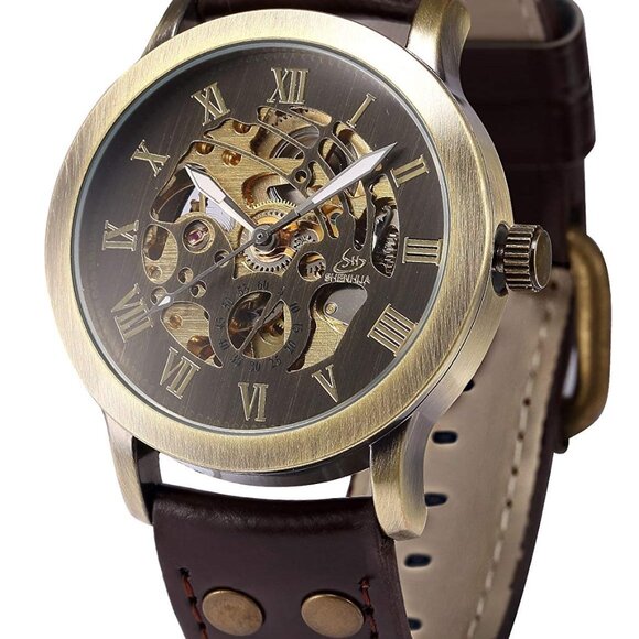 Men's Automatic Mechanical Watch with Leather Band and Stainless Steel Case